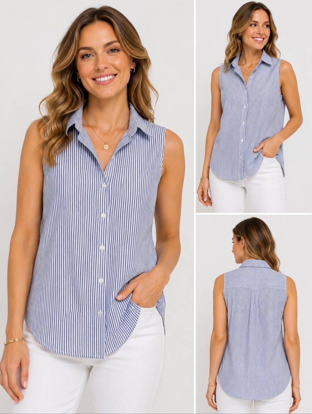 💙 Active USA Blue & White Striped Sleeveless Button Down Top – Size Small